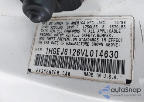 1997 Honda Civic Dx z USA, uszkodzony, nr VIN 1HGEJ6126VL014630